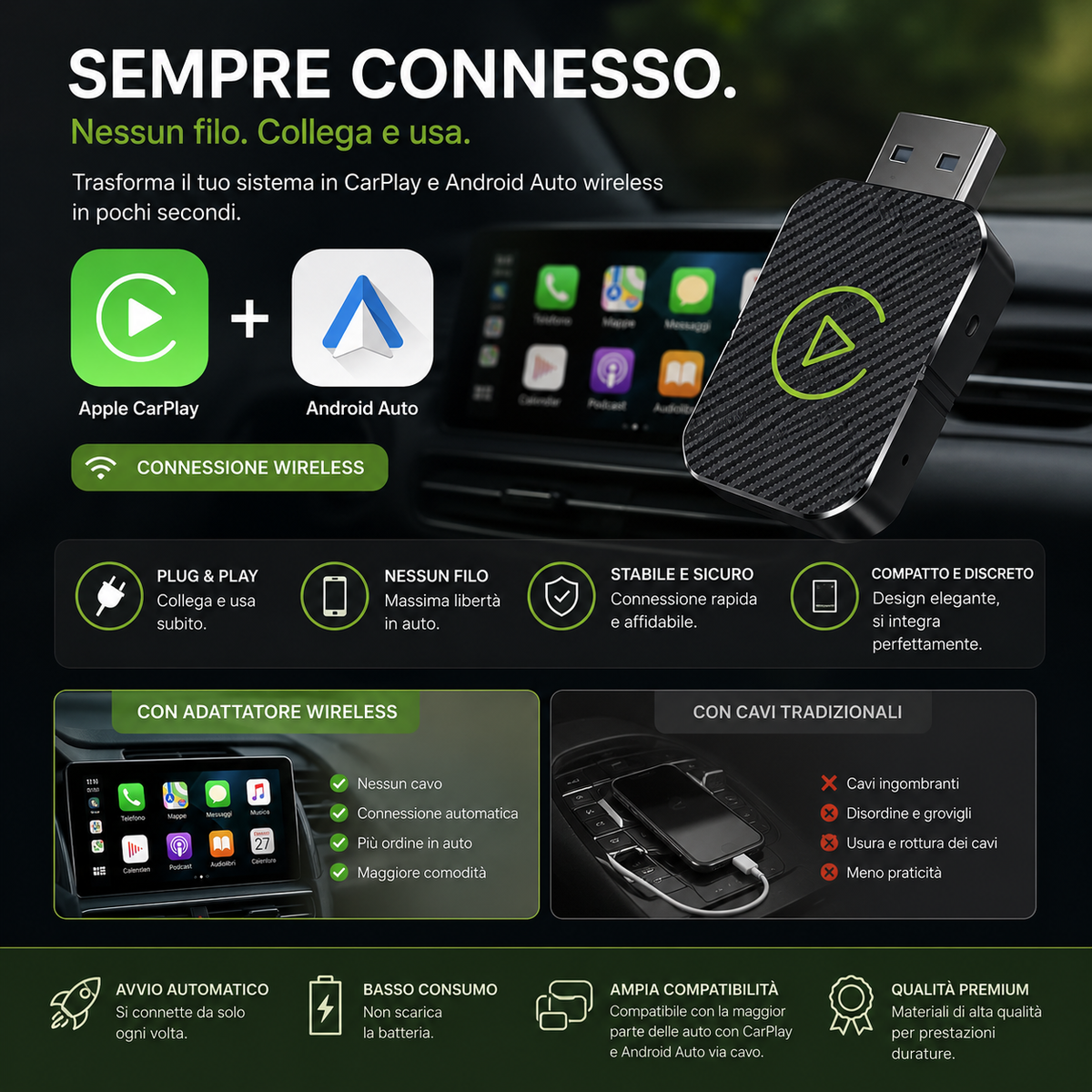 Voolte | Adattatore Wireless per CarPlay e Android Auto