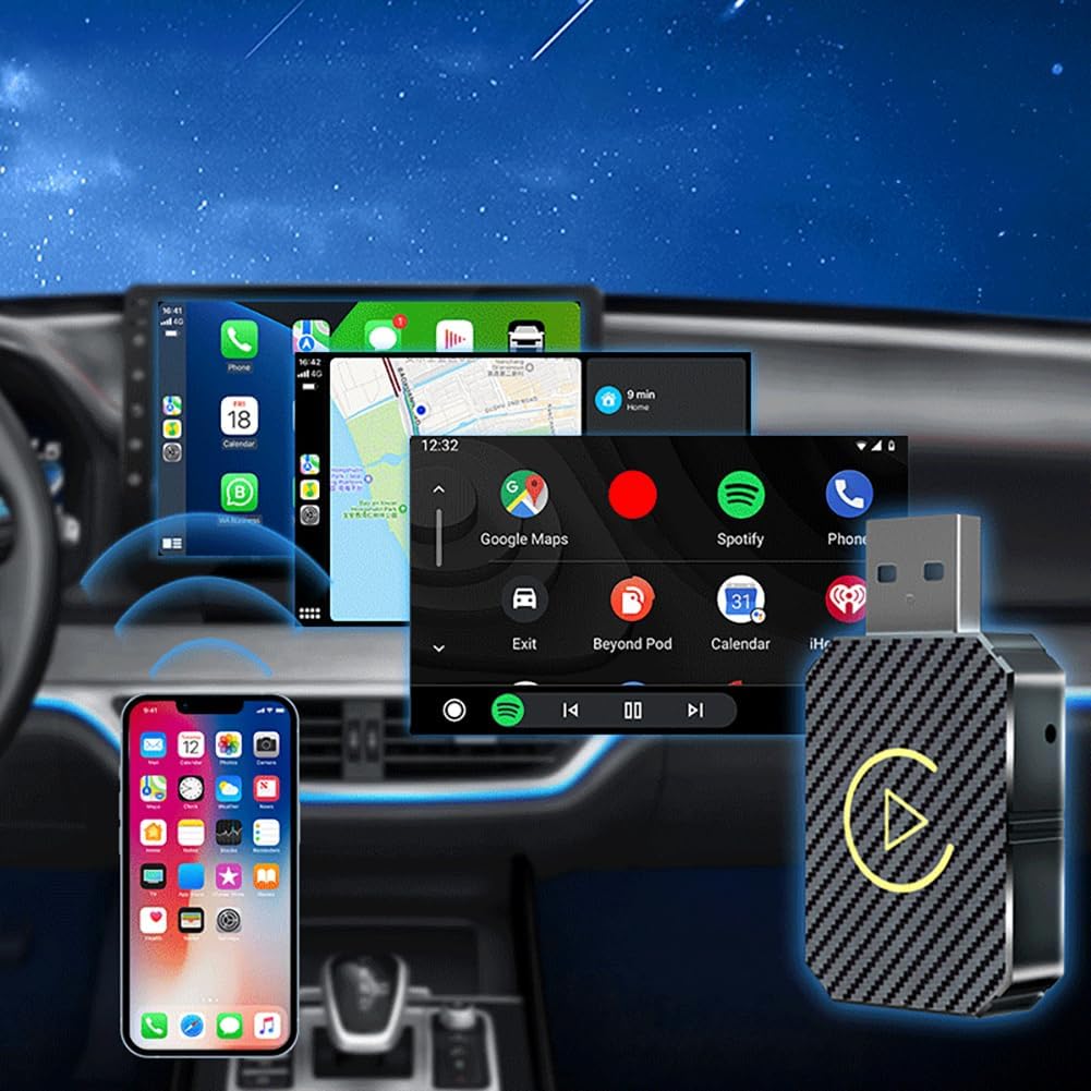 2 in 1 Wireless Carplay Androids Adattatore per auto USB Dongle Plug & Play Smart AI Box BT WiFi per auto cablate CarPlay/Andriod Auto, Plug & Play facile