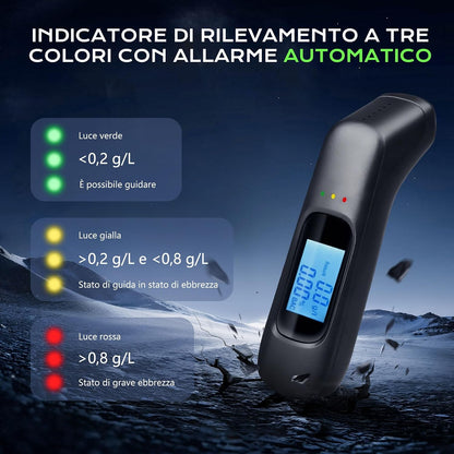 Etilometro Portatile Professionale Alta precisione | Alcol Test Digitale di Precisione con Display LCD & Allarme 3 Colori | Test Alcolemico Istantaneo per Controlli Stradali (0.00–1.9 g/l)