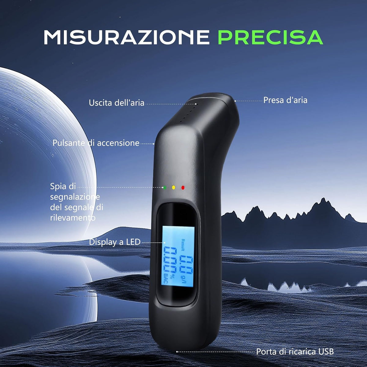 Etilometro Portatile Professionale Alta precisione | Alcol Test Digitale di Precisione con Display LCD & Allarme 3 Colori | Test Alcolemico Istantaneo per Controlli Stradali (0.00–1.9 g/l)